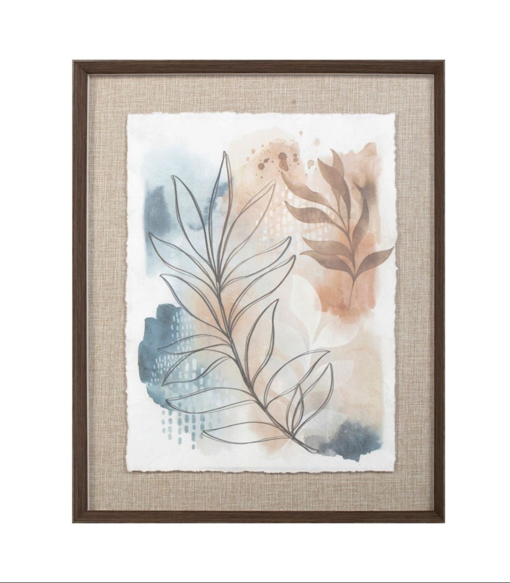 Framed artwork with abstract leaf design on a white background