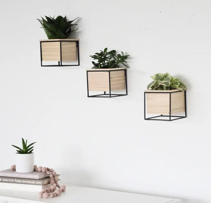 Single Planter Pot with Wood with Black Metal