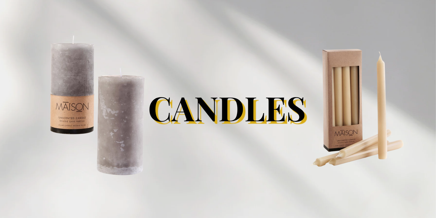 Collection Banner Image for Candles with an image of Rustic Pillar Candles on the left and a box of Tapered Candles on the right. 
