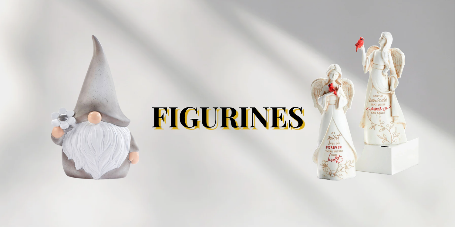 Collection Banner Image for Figurines with a image of a Grey Standing Gnome on the left and a image of Angel Figurines with Sentiments on them on the right. 