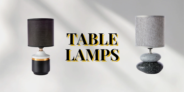 Collection Banner with text Table Lamps and has a images of a table lamp to the left and right of text