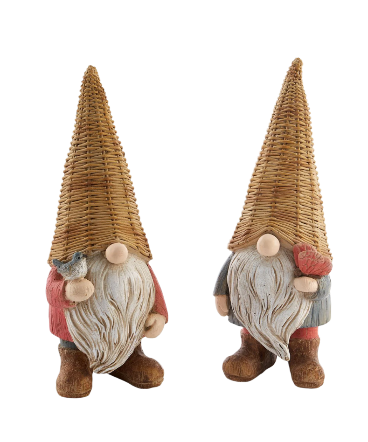 Two decorative gnomes, one with a butterfly-like pattern and the other resembling a bird, made of a wicker-like material with fabric details, painted in shades of blue, brown, and beige.