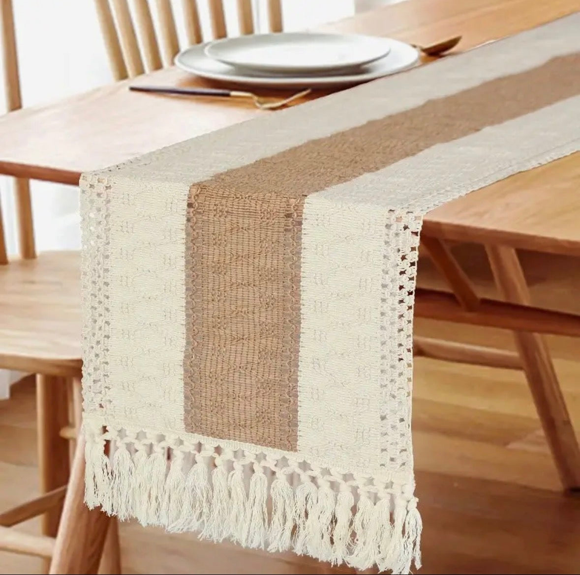Table runner with striped pattern on a wooden table