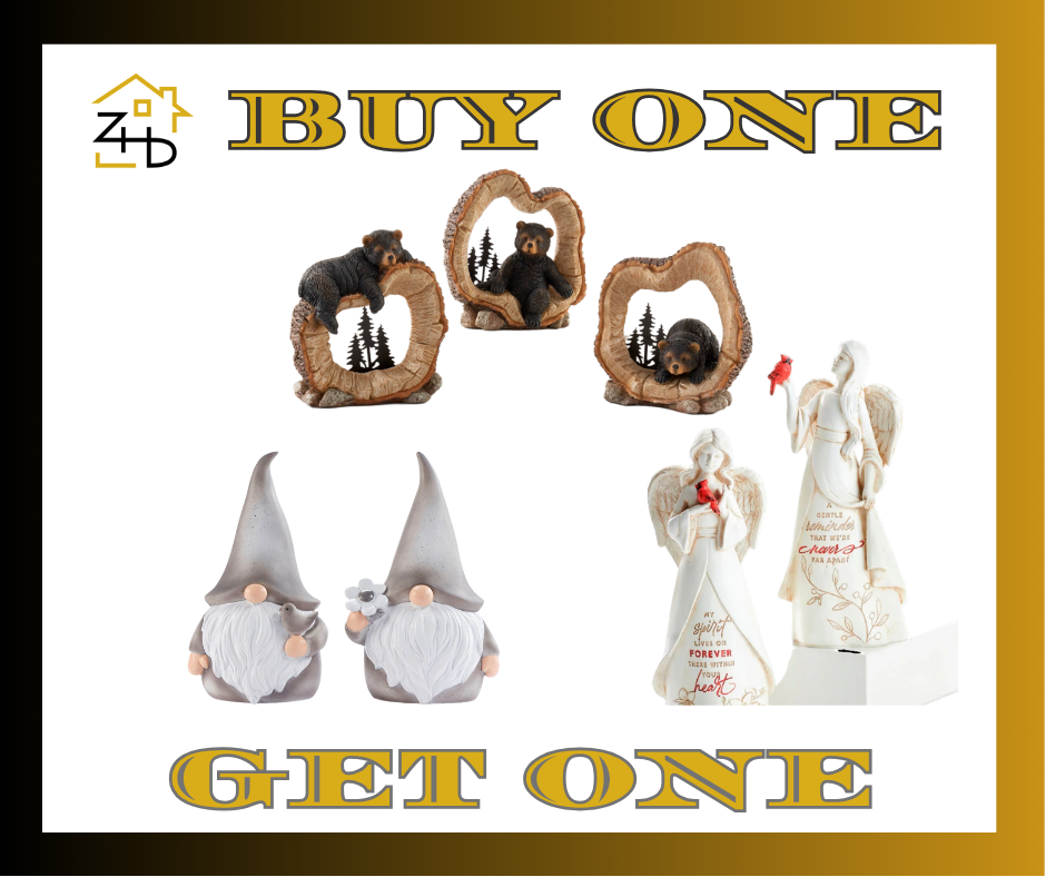 Promotional image with decorative items and text 'Buy One, Get One on a white background.