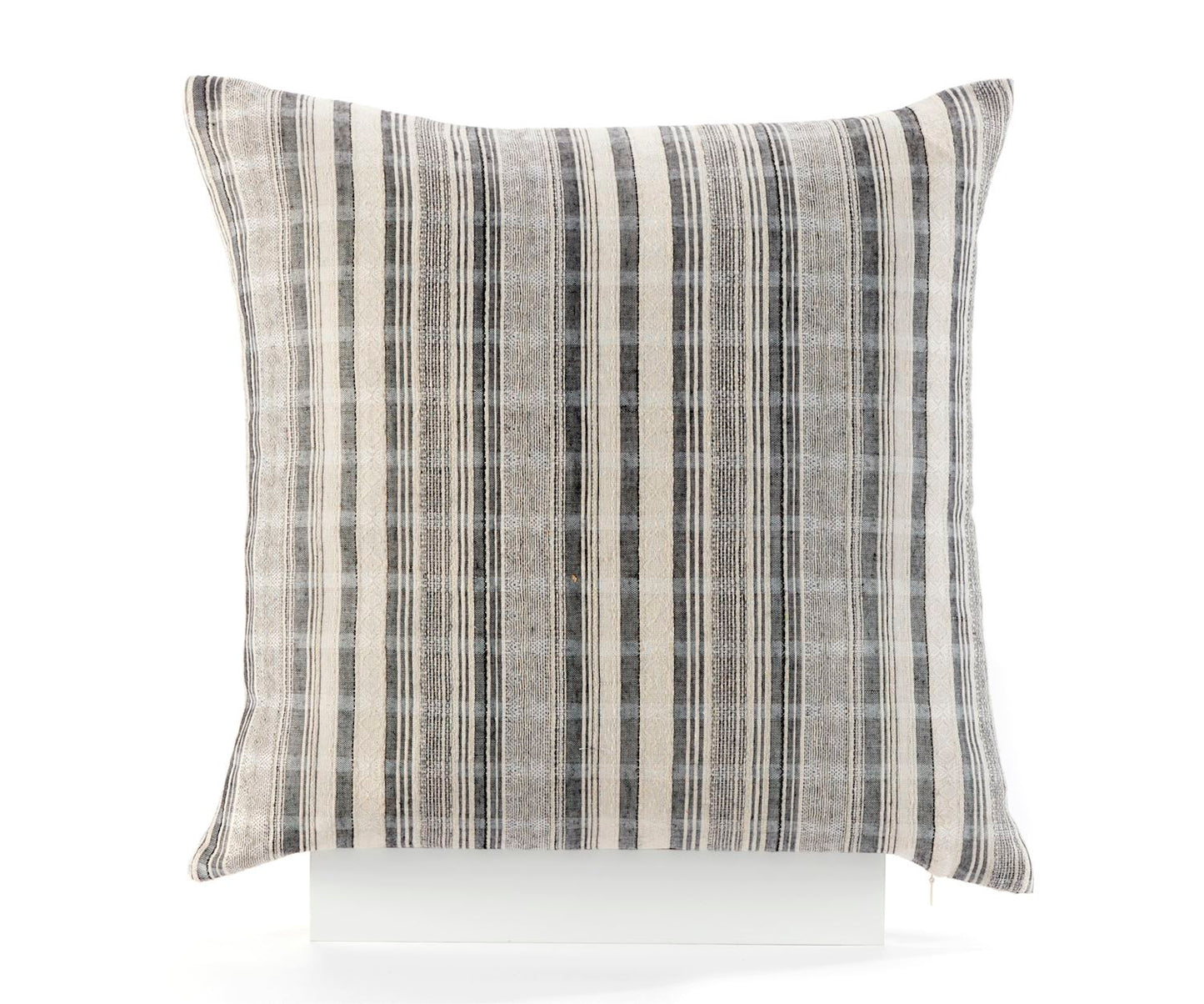 A square-shaped polyester throw pillow with a striped black and white design on a white background.