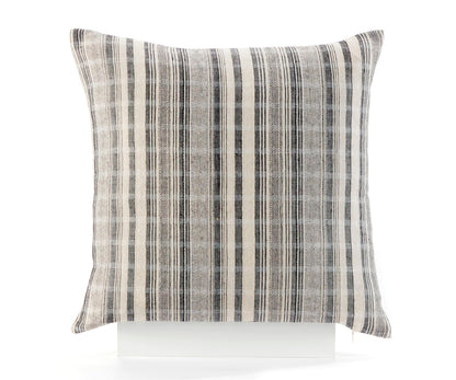 A square-shaped polyester throw pillow with a striped black and white design on a white background.