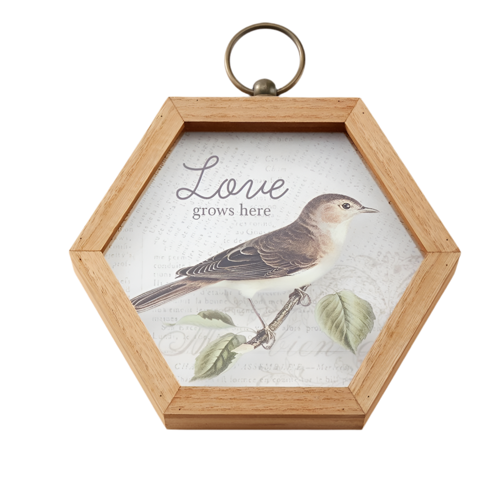 Hexagonal wooden frame with a bird illustration and 'Love grows here' text on a white background