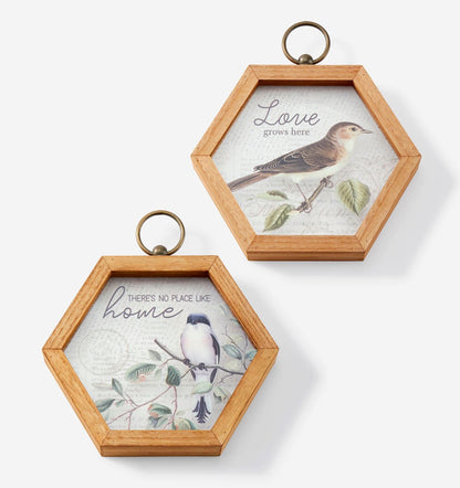 Two hexagonal wooden frames with bird illustrations and text on a white background