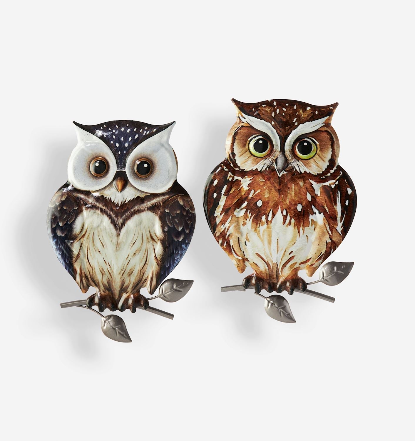 Two owl-shaped wall hooks on a white background