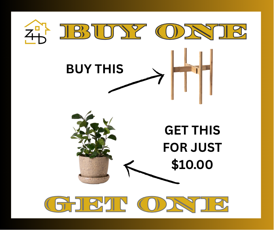 Promotional graphic with a plant and a adjustable plant stand, offering a buy-one-get-one deal.