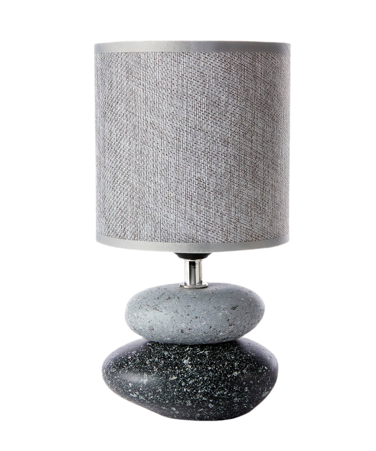 A grey and black table lamp with a base designed to resemble stacked stones