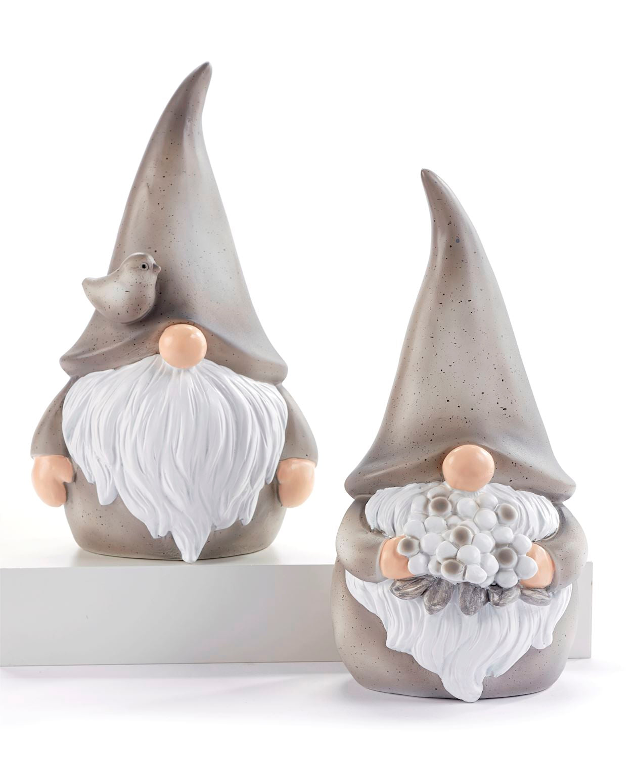 Two White and Grey Poly Resin Gnomes displayed with a plain white backround