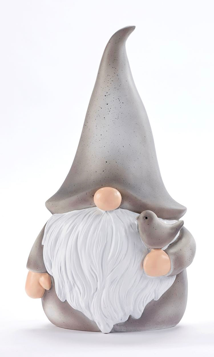 Ceramic figurines of a gnomes with a bird design, and a pointed hat and beard.