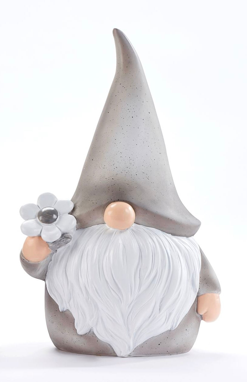 Ceramic figurines of a gnomes with a daisy design, with a pointed hat and beard.
