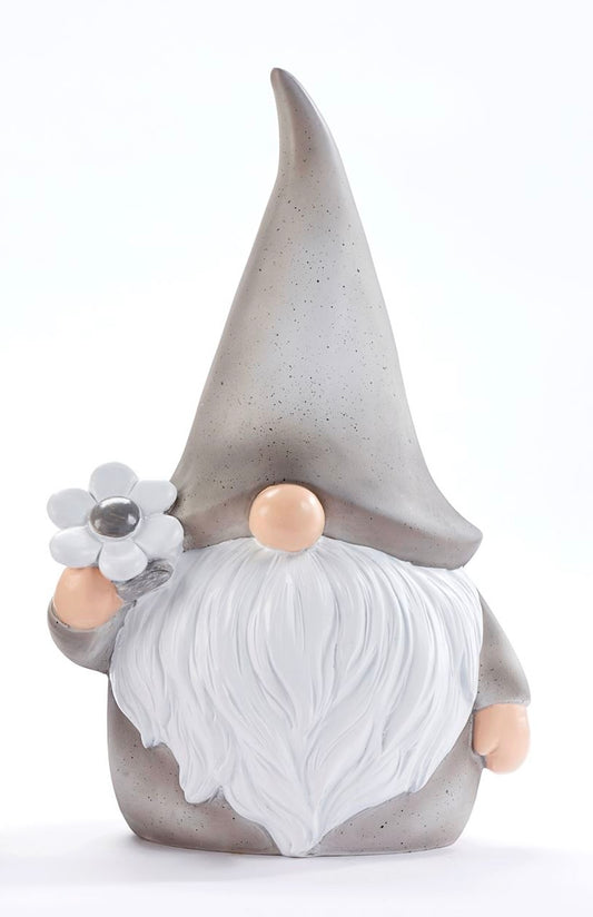 Ceramic figurines of a gnomes with a daisy design, with a pointed hat and beard.