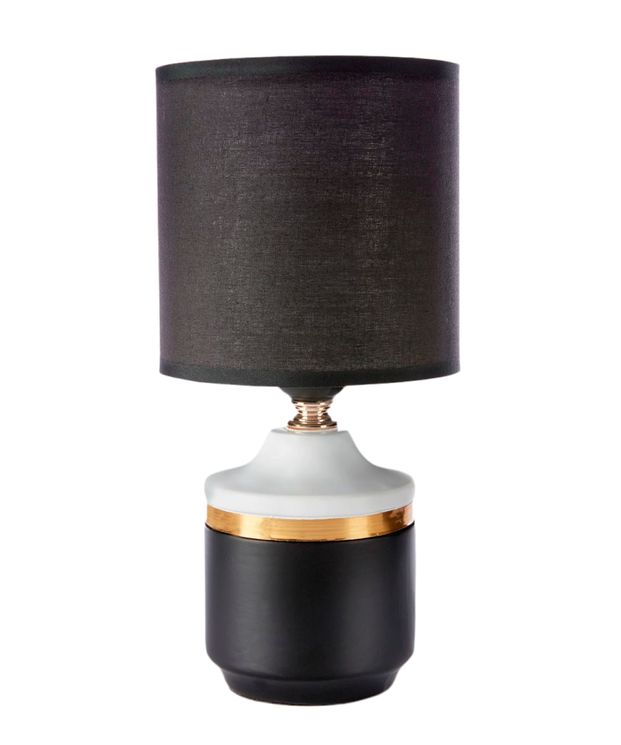 Black and White Table Lamp with gold band and Black Fabric Shade