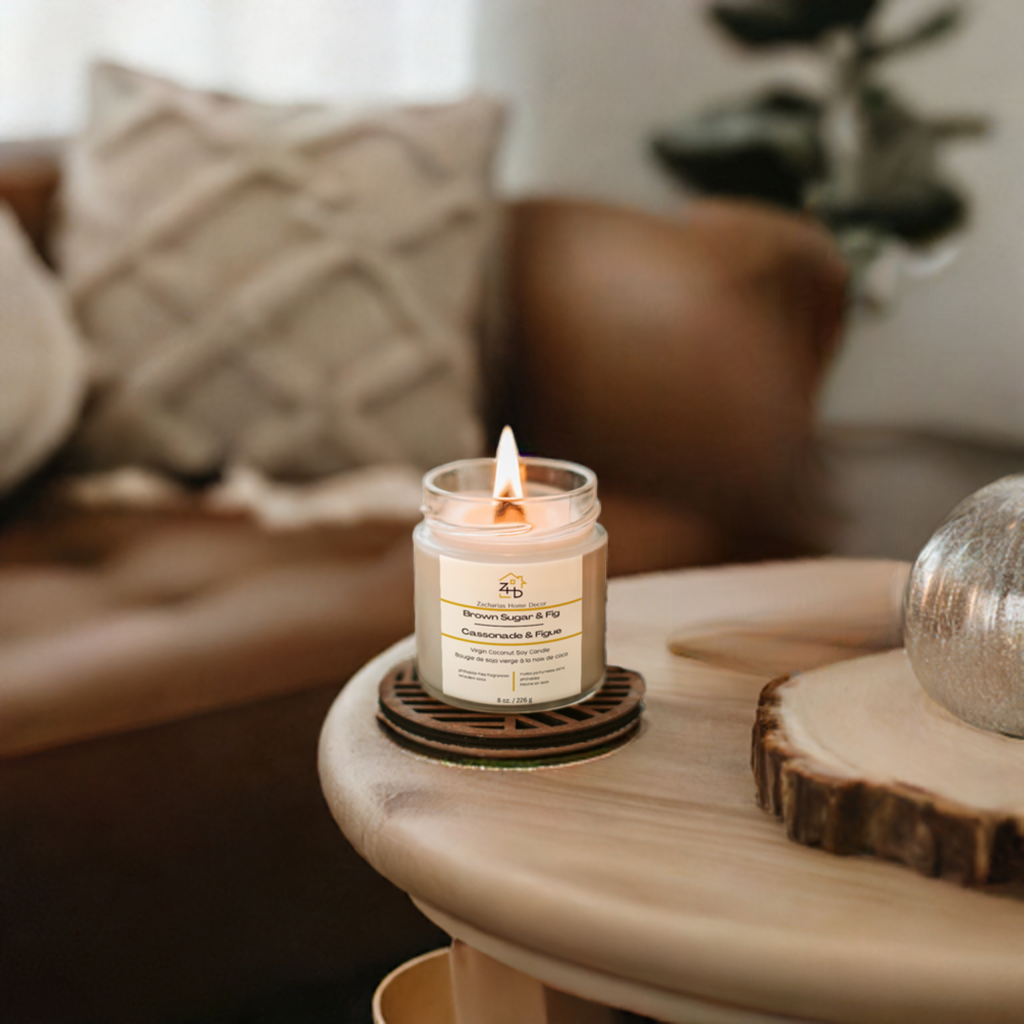 Zacharias Home Decor Candle displayed on a table with living room backround